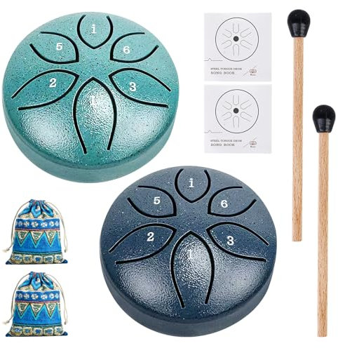 2 Stück Zungentrommel, 3 Zoll Handpan, Regentrommel, Stahlzungen, Rain Drum, mit Notenblätter, Trommelstöcke, Tasche, für Meditation, Klangtherapie, Yoga (A)
