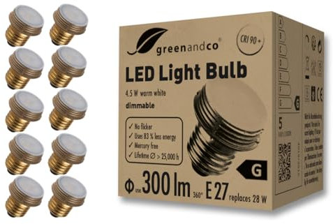 greenandco 10x flaches LED Leuchtmittel | E27 | dimmbar | 4,5W 300lm | 3000K warmweiß | CRI 90+ | flimmerfrei | 180° | 230V