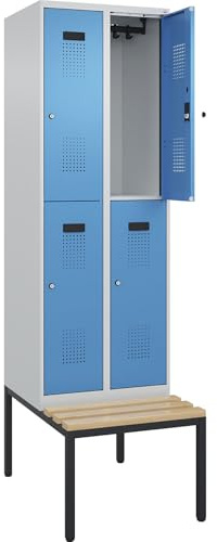 kaiserkraft | Doppelstock-Spind Evolo Plus Sitzbank | 2 Abteile | lichtgrau/lichtblau | B 600 mm | Zylinderschloss | mit untergebauter Sitzbank | Buche