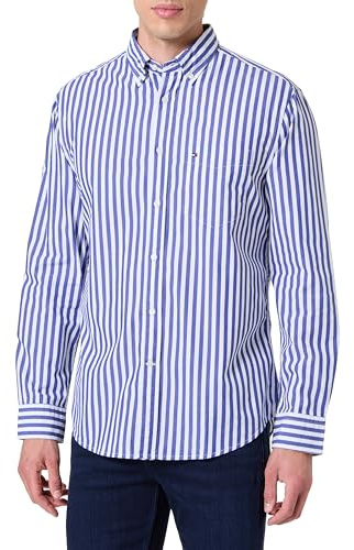 Tommy Hilfiger Men’s Flex Poplin Bold Stripe Shirt with Chest Pocket, Multicolor (Wedge Blue/Stripe), L