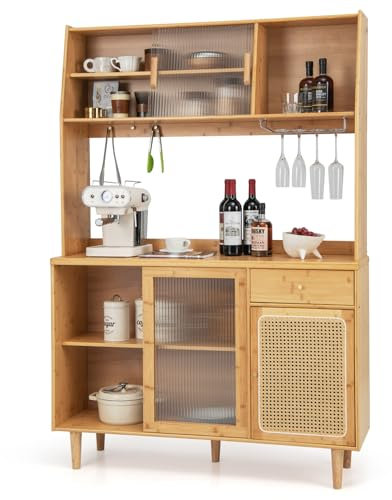 GOPLUS Aparador Alto de Cocina de Bambú, Armario Bar de Vino con Tirador, Puerta Corredera de Cristal y Ratán, Ganchos, Armario y Cajón, para Cocina Comedor, 120x35x175cm