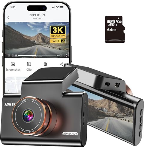 Hikvision Dashcam Auto Vorne 3K, GPS, 3” IPS-Curved-Display mit Nachtsicht, Auto Kamera mit 64GB SD Karte, Parküberwachung, WiFi APP Steuerung, WDR, G-Sensor, Loop-Aufnahme, Max 128GB(C6 Pro)
