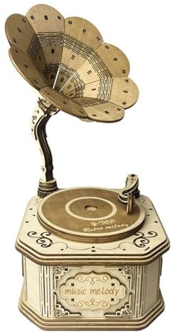 XKlemBauklode 3D Wooden Vintage Gramophone Music Box Puzzle - DIY Model Kit Retro Home Decor and Unique Gift for Music Lovers (Wind-Up Version/100+ Pieces)