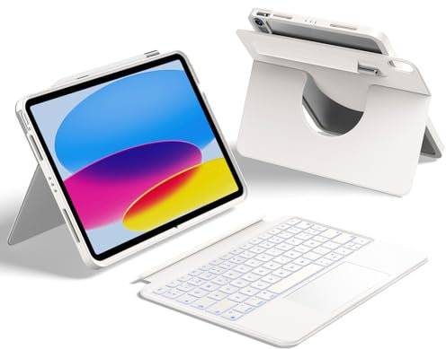 HOU Funda para iPad A16 11.ª/10.ª Generación con Teclado, Teclado Rotable y Desmontable para iPad 11/10, Portabolsígrafo Elástico, Cubierta de Protección Completa, Retroiluminación, Trackpad, Blanco