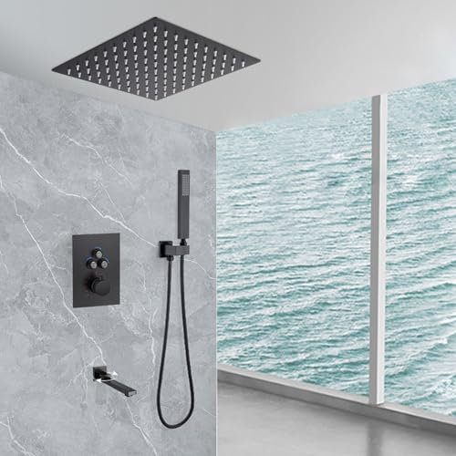 ERSINIAN Colonne de Douche, mitigeur thermostatique, pommeau et Flexible de Douche Noirs, système de Douche encastré carré, Acier Inoxydable (A), 12 po, Trois Fonctions