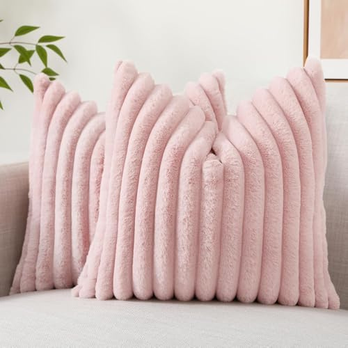 decorUhome Faux Fur Cushion Covers 45x45 cm Set of 2, Pink | Decorative Soft Plush Striped Neutral Pillow case 18X18 Inch with Velvet Back for Sofa, Bed, Living Room Home Decor