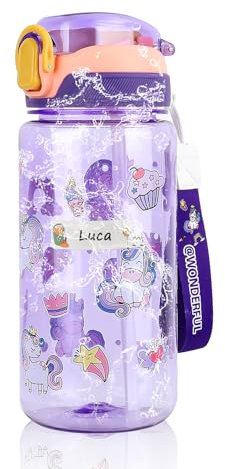 Sigdio Gourde pour Enfants avec Paille 10 Étiquettes Prénom Anti-Fuite 600ml Bouteille d'eau Enfant Garçons et Filles sans BPA Gourde Sport pour Maison, École et Activités extérieure (600ml, Violet)