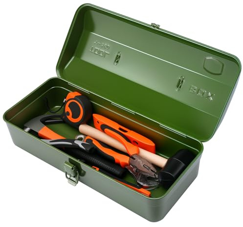 FOPPLA Portable Green Metal Tool Box with Lock, 14-Inch Heavy-Duty Storage Chest for Tools, Comes , Ideal for Garage, Jobsite, Mechanic Use, Waterproof & Stackable Design