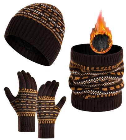JFAN Herren Damen Winter Strickmütze Schal Handschuh Set mit Fleecefutter | Handschuh Touchscreen,Wintermütze Schlauchschal Handschuh mit Geometric,Warme,3 Stück