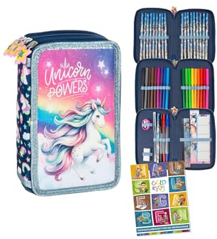 Goldkids - Federmäppchen 3 Fächer - Mäppchen für Mädchen und Jungen - Federmappe 3-Fach Federtasche Gefüllte Schüleretui Schulmäppchen und Hausaufgabenheft - Einhorn Motiv