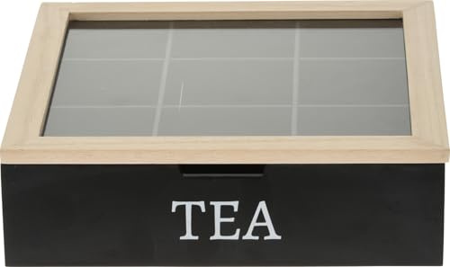 Wooden Tea Box with Glass Lid – 9 Compartment Tea Bag Storage Organiser – Rustic Wooden Display Box for Tea, Spices, or Trinkets (Black)