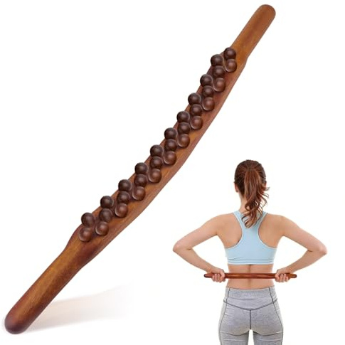 Gua Sha Wooden Therapy Stab, Massagestab Holz mit 31 Massagepunkte | 58 cm, Buchenholz, Ergonomische Bogenform, Druckmassage, Tiefenkarbonisierte Oberfläche, für Beine, Rücken, Nacken, Arme