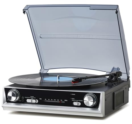 PROSUCO Vinyl Record Player, 3-Speed Vintage Turntable with Built-in Speakers and FM Radio, All-in-One Record Player for Vinyl with RCA Out & Headphone Jack, Black Wood