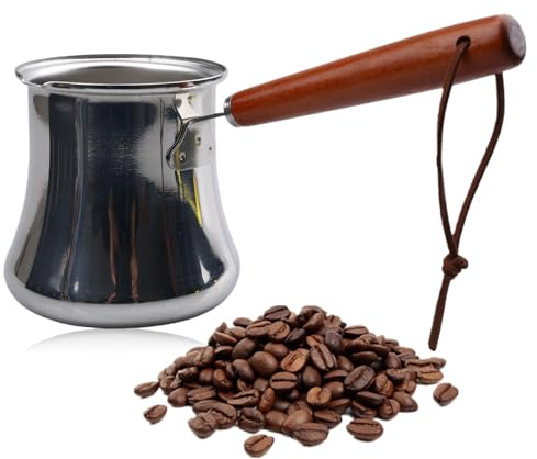 GOEDCH Cafetera turca de acero inoxidable de 550 ml: mini olla de café con mango de madera, jarra de café con diseño antidesbordamiento, cafetera de acero inoxidable para cocinar leche, salsa