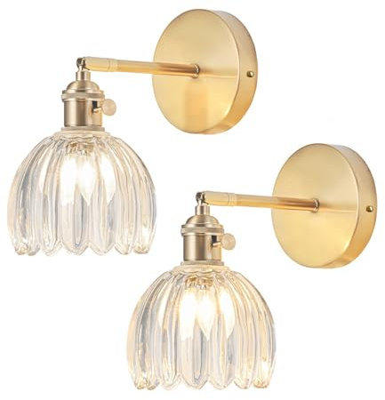 NETHCUEL Ensemble de 2 Appliques Murales Intérieure (Fil Rigide), Vintage Abat-Jour en Verre Transparent Forme Tulipe, Applique Murale avec Interrupteur, Applique Murale Chambre, Ampoules Non Incluses