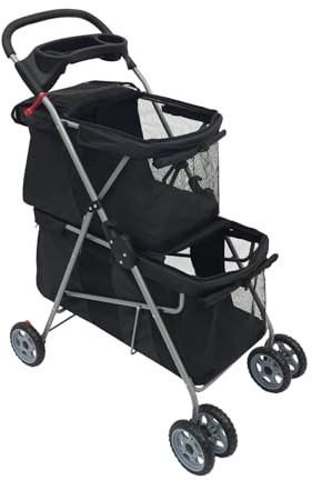 Doppelter Haustierwagen, 20 kg Tragfähigkeit, Faltbarer Tier-Kinderwagen mit 360° Rädern und Bremsen, für Kleine und Mittelgroße Hunde Katzen, Transportwagen für Spaziergänge (Schwarz)