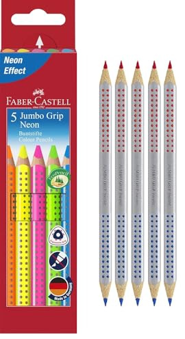 Faber-Castell 201734 - Jumbo Grip bicolor Silbentrennstift, 2 Stifte, Rot und Blau (Silbenstift + Jumbo Neon, 1x 5 Stifte)