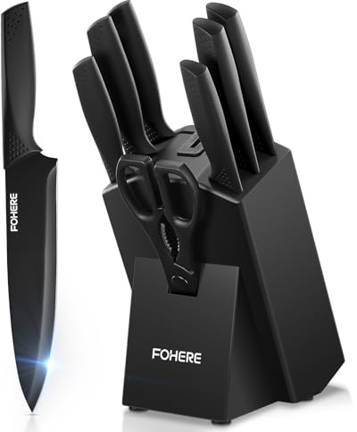 Set Coltelli da Cucina con Ceppo FOHERE 8 Pezzi Set di Coltelli Professionali con Affilacoltelli,Cucina da Chef con Blocco in Legno, Nero