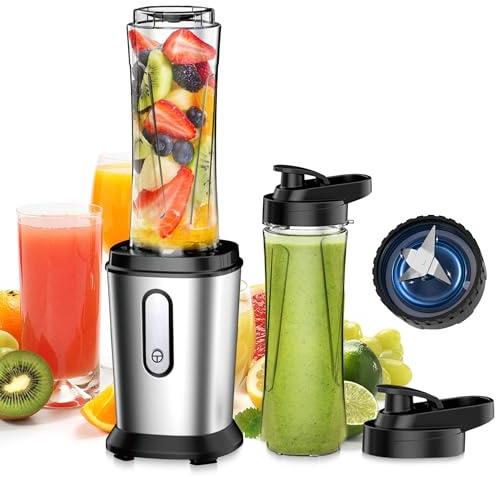 Blender Smoothie Maker, 500W Smoothie Blender, Mini Blender, Small Personal Blender with 2 BPA Free Portable Blender Bottle (600ml) & Lids for Milkshakes, Juicer, Fruit, Vegetables, Ice, Kitchen