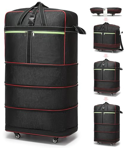 Faltbare Reisetasche, große erweiterbare Reisetasche mit Rollen, wasserdichtes, zusammenklappbares Gepäckstück, Handgepäcktasche mit Rollen und Griff, schwarz