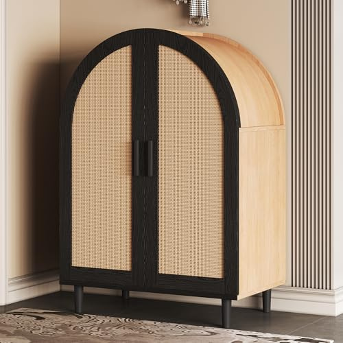 Meuble de Rangement Élégant, MDF, avec Portes en Rotin, 3 Étagères Réglables, Design Arrondi, Utilisable comme Sideboard ou Meuble à Chaussures, Couleur Noyer et Noir, 70x40x100 cm