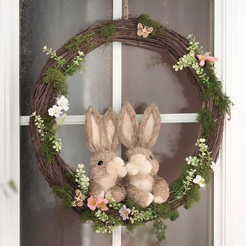 Dekoleidenschaft großer Kranz Hasenpärchen Ø 40 cm, Osterkranz aus Reisig, Dekokranz mit Osterhasen aus Stroh, Türkranz, Osterdeko, Naturkranz
