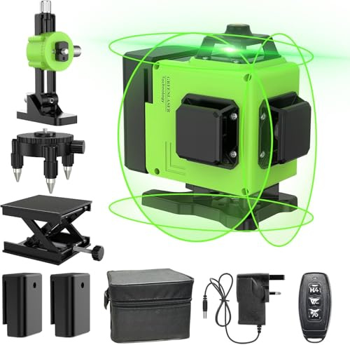 Laser Level 4 x 360° with 2 x 2400mAh Batteries, Adjustable Brightness Pulse Mode, Remote Control and Swivel Base Remote Control Wall Bracket for Floor Tiling, Construction, Home Renovation