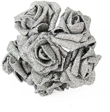Full Glittered Foam Roses! Artificial Flowers Bling Glittery Shiny Fake Silk[Silver]
