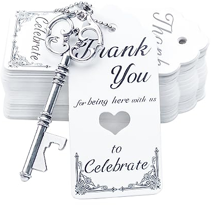 Aokbean 52pcs Vintage Skeleton Key Bottle Opener Rustic Wedding/Party Favors Guest Souvenir Gift Set with Escort Thank You Tag Card and Keychain(Antique Silver)