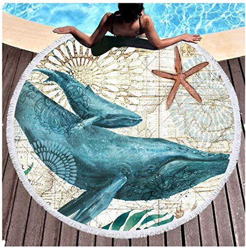 Blau Unterwasser Welt Rundes Strandtuch Badetuch Quaste 60 Zoll Decke Seestern Seetang Hai Schildkröte Tintenfisch Seepferdchen Teppich Tapisserie Wickelrock Saunatuch (Hai)