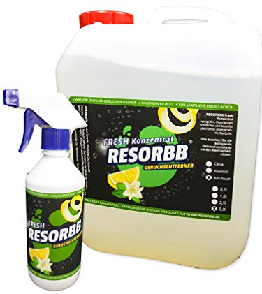RESORBB® FRESH Anti-Rauch 40-fach-Konzentrat, 5l. + leere Sprühflasche Dieser wasserlösliche Geruchsneutralisierer eignet sich für glatte Oberflächen und kann auch als Raumspray verwendet werden