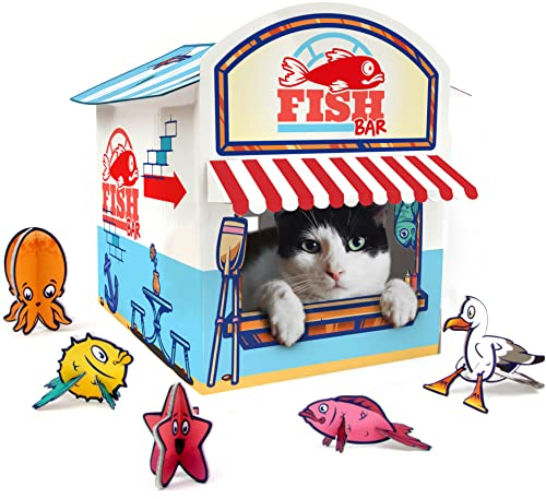 Suck UK Katzenkiosk-Spielhaus | Katzenspielzeug | Katzenhaus aus Pappe | Katzenzubehör | Katzenspielhaus | Papphaus | Kätzchenzubehör | Katzenhöhle | Katzenversteck mit 3D-Spielzeug aus Pappe