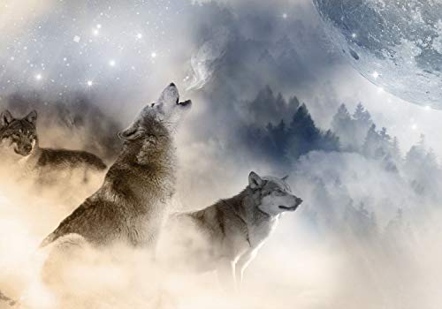 decomonkey Fototapete selbstklebend Tiere Wolf, 392x280 cm, XL, Mond Wald