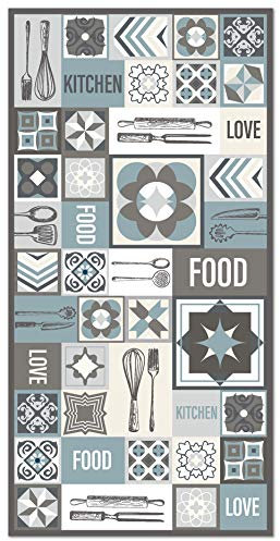 Panorama Vinylteppich Collage Wörter Kacheln Blau - 80x150 cm - Waschbar rutschfest Küchenteppich