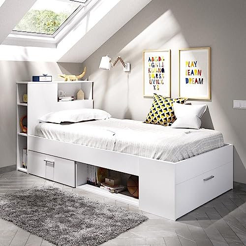 DEKIT GRUPO RIMOBEL Lanka, Letto compatto 90 x 190 con cassetti, bianco, 96 x 99 x 218 cm