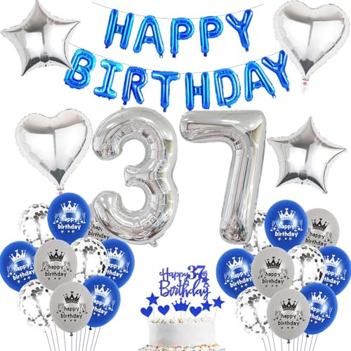 Luftballon 37. Geburtstag mann blau deko Folienballon 37 jahre Geburtstags deko mann männer blau set happy Birthday 37th Geburtstagsdeko 37 mann Ballon 37 jahre Geburtstag mann Dekoration set(37)
