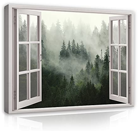 Bilder Fensterblick Wald Nebel - Modern Canvas Leinwandbild XXL Illusion Fenster Schlafzimmer Wohnzimmer Wandbild Kunstdruck Wandbilder Wand Bild auf Leinwand Aufhängefertig (14049, 120x80 cm)