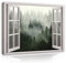 Bilder Fensterblick Wald Nebel - Modern Canvas Leinwandbild XXL Illusion Fenster Schlafzimmer Wohnzimmer Wandbild Kunstdruck Wandbilder Wand Bild auf Leinwand Aufhängefertig (14049, 120x80 cm)