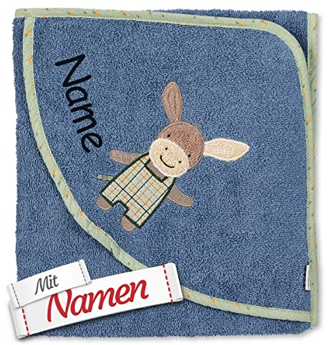 Sterntaler Kapuzenhandtuch Esel Emmily & Emmilius mit Namen bestickt für Baby & Kinder, Frottee Badetuch Badehandtuch/Kinder-Badetuch mit Kapuze personalisiert, 100x100 Blau Junge