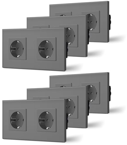 BSEED Enchufe de Pared 2 Enchufes Estándar Schuko con Panel de Cristal 16A Fácil Instalación 157mm Gris, 6 Paquetes