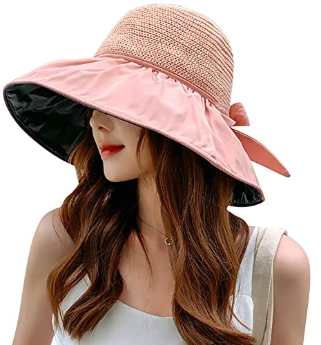 Damen Sonnenhüte mit breiter Krempe UV-Schutz Mesh Strohhut Sommer Faltbar Strandhut UPF 50+, rose