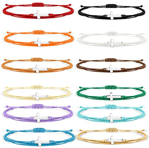 Handmade Cross Colorful Adjustable Braided String Bracelet Friendship Couple Tiny Sideways Cross Rope Bangle Lucky Protection Jewerly for Women Men Teens, One size, Metal, cotton