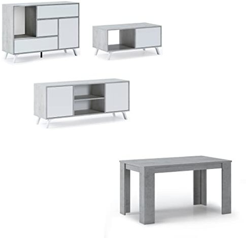 Skraut Home | Ensemble Wind| Salle à Manger| Buffet-Meuble TV-Table Centrale-Table Fixe | Finition Couleur Ciment/Blanc