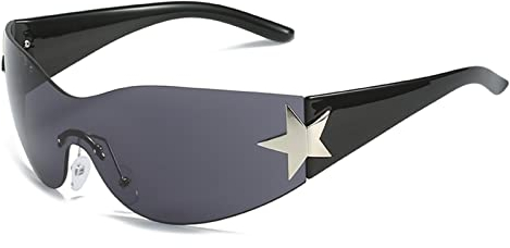 YUELUQU Y2K sonnenbrille für Damen und Herren wrap around brille Fünfzackige Sternverzierung Große brille(Schwarz)