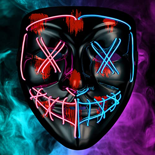 Balinco LED Maske 2-farbig Rot/Blau mit 3 Leuchtmodi - perfekt für Techno DJ | Halloween | Cosplay | Karneval | Gruselmaske | Neon Maske | als Ergänzung zum Horror Kostüm