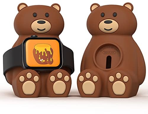 Smartwatch Charger Stand Compatible for Apple Watch 9/8/7/6/SE/5/4/3/2/1, Bear Silicone Charging Dock Holder for Samsung Galaxy Watch Ultra/7/6/5/5Pro, Support Nightstand Mode