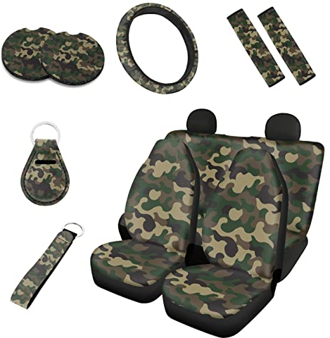 Kuiaobaty Camo 10 Stück Auto-Zubehör Universal Autositzbezüge Komplettes Set mit Sicherheitsgurt-Bezügen, 2 Stück Tassen-Untersetzer, Grün Camouflage