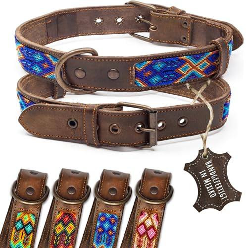 ALTEZAR Lederhalsband Hund - Doppelt Tribal Bestickt Blau Braun - Hochwertig verarbeitetes Hundehalsband Leder - Handgemacht in Mexiko - Größe L - Halsband Hund für große Hunde Leder breit