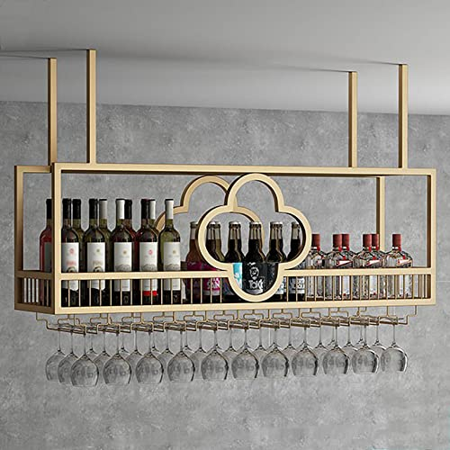 NileMAll Goldenes Luxus-Decken-Weinglasregal – Hängendes Weinregal mit Glashalter und Regal, Metall-Deckenregal mit Leitplanken, Becher-Stemware-Regale für Bar, Café, Küche, Restaurant