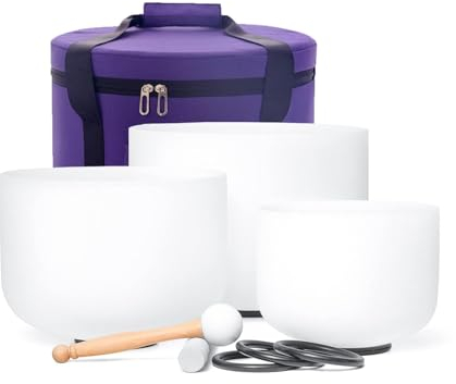 Hye-eun Bol chantant en cristal Lot de 3 bols chantants en de quartz dépoli 432 Hz 20,3 cm B, 25,4 cm F, 30,5 cm C, avec sac de transport gratuit, maillets pour la guérison du son